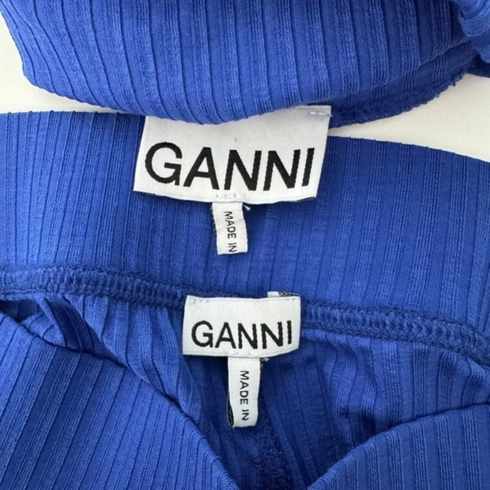 GANNI Ribbed Knit Two Piece Set Size Small Blue‎ Turtleneck Top Stirrup Leggings